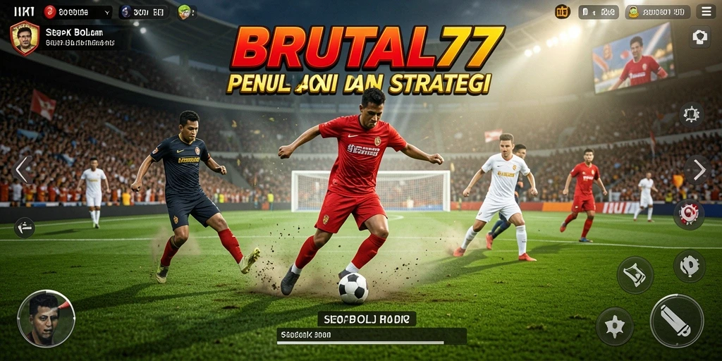 Screenshot utama BRUTAL77 menampilkan aksi seru pertandingan sepak bola.