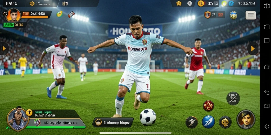 Tangkapan layar HONDATOTO menampilkan aksi dinamis di lapangan sepak bola.