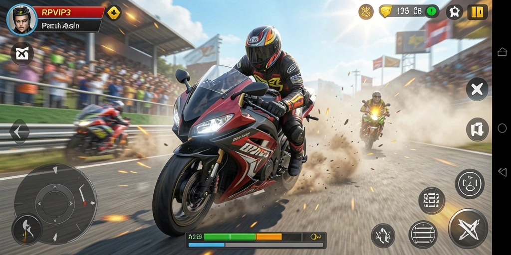 Screenshot permainan RPVIP3 menampilkan aksi balapan motor yang mendebarkan.