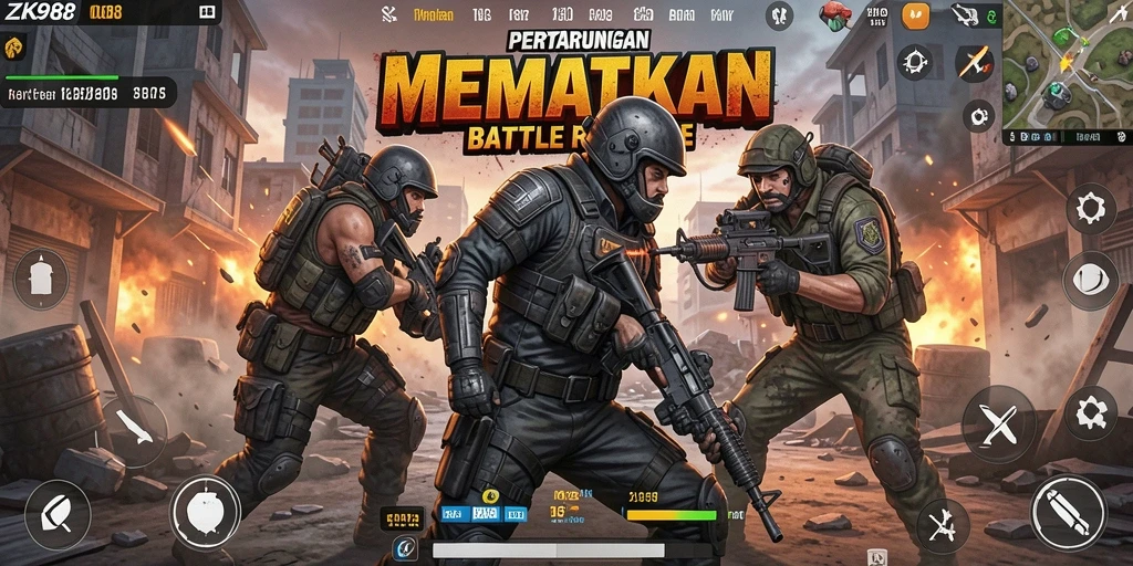 Screenshot gameplay ZK988 yang menampilkan aksi Battle Royale yang intens.